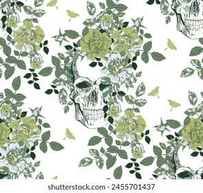 Realistic anatomic skull with flowers seamless pattern on transparent background