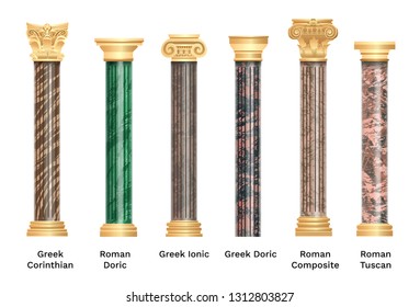 Columnas antiguas realistas aisladas de fondo blanco. Los diferentes pilares de la arquitectura con efecto de piedra. Conjunto vectorial de columnas clásicas.