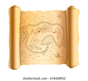 Realistic ancient pirate map of island on old textured scroll with red path to treasure