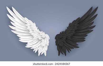 Realistic angel and demon wings. White dove wing with angelic nimbus, devil horns with pair of black wings and falling feathers 3D isolated vector illustration. Holy and gothic costumes