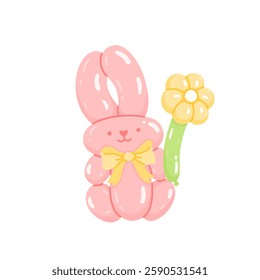 Realistic animal shaped balloon, funny bunny toy with bow and flower. Twisted helium latex ballon. Happy rabbit with positive face expression. Spring, happy easter symbol. Isolated flat vector