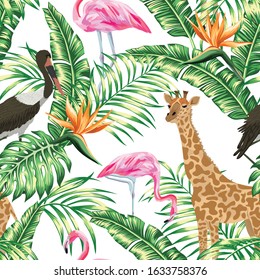 Realistic animal vector giraffe, stork and pink flamingo with tropical monstera, palm, banana leaves strelitzia flowers seamless pattern on white background. Repeating creative illustration.