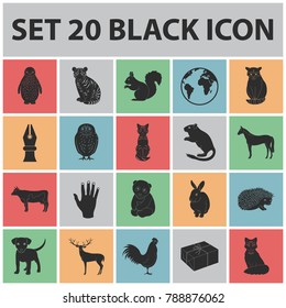 Realistic animals black icons in set collection for design. Wild and domestic animals vector symbol stock web illustration.