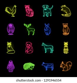 Realistic animals neon icons in set collection for design. Wild and domestic animals vector symbol stock web illustration.