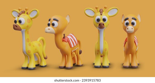Animales realistas con fondo amarillo en diferentes posiciones. Juguetes de jirafa y camellos para juguetes. Concepto de juego en línea del zoo. Ilustración vectorial en estilo 3D