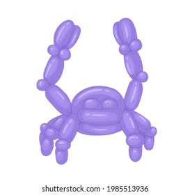 Realistic animal-shaped balloon, funny crab toy for children's birthday party. Twisted helium latex ballon. Colored flat vector illustration of childish object isolated on white background