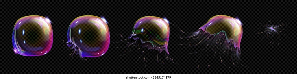 Realistic animation set of bubble burst isolated on transparent background. Vector illustration of soap water ball exploding with drops splash and disappearing in air. Symbol of childhood fun, party