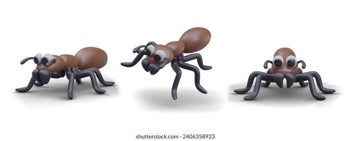 Realistic ant in brown colors in different positions. Bug cartoon characters standing on white background. Ant worker concept. Vector illustration in 3d style with shadow