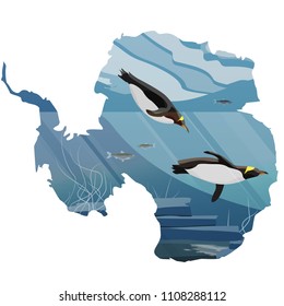 Realistic Antarctic underwater landscape. Two penguins floating in the sea water. Vector illustration in the form of a map of continent of Antarctica.