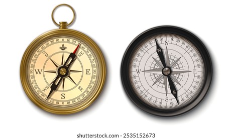 Realistische antike Bronze und Messing Kompass mit Wind Rose Pfeile, Vektor Marine Navigation Werkzeug. Realistischer antiker Kompass mit Längen- und Breitengrad in Nord-, Ost-, West- und Ostrichtung