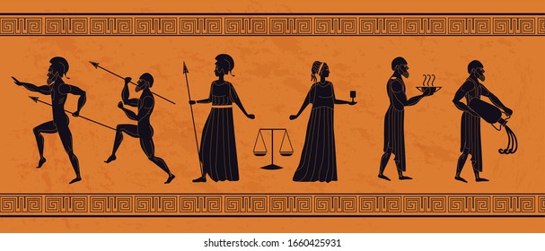 Realistic antique greek ornament vector flat illustration. Different people athletic man, elegance woman, warrior, waiter, servant person decorated with frame isolated on orange background