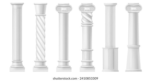 Realistic antique ionic columns, greek or roman culture. Vector isolated marble antique architecture elements of facade of building or temple, exterior and interior design. Vertical flutings