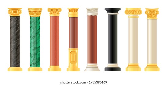 Realistic Antique Pillars Set. Antique Column, Classic Pillar. Ancient Historic Roman Greek Architecture Isolated Vector