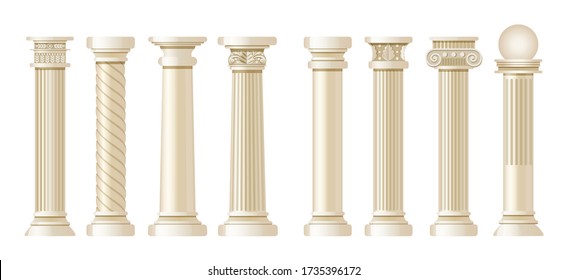 Realistic antique pillars set. Antique column, classic pillar. Ancient historic roman greek architecture isolated vector