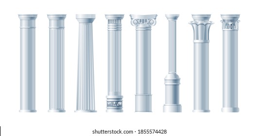 Realistic antique pillars set. Antique column, classic pillar. Ancient ornate pillars historic roman greek architecture facades of historic buildings isolated vector illustration