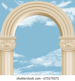 Realistic antique roman column arch royal architecture.Vector archway on the background of cloudy sky.Illustration of a marble arch with space for text