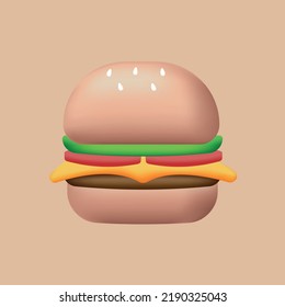 Realistic appetizing 3d burger with cucumber, tomatoes, cheese, cutlet, sesame and lettuce in a bun. Fast food and junk food concept vector illustration. Gastronomic pleasure. Unhealthy nutrition 