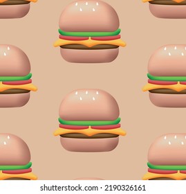 Realistic appetizing 3d burger seamless pattern for textiles,  wrapping paper, fabric. Fast food, junk food, Unhealthy nutrition texture, background, wallpapers,  endless ornament, repeating print