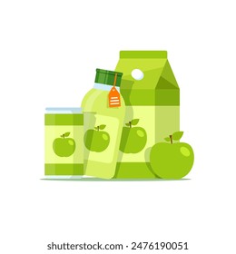 Realistic apple juice bottle with juice paper pack isolated on white background vector illustration