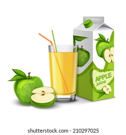 Realistic apple juice glass with cocktail straw and paper pack isolated on white background vector illustration