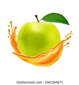 Realistic apple with juice splash isolated on a background, vector illustration, Fresh fruit, 3d vector icon