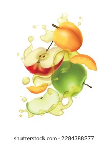 Jugo de manzana realista salpicado con corte y frutos enteros de la iluminación vectorial