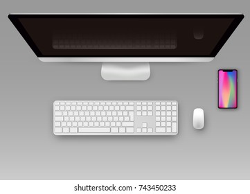 Realistic Apple PC Monitor, Smartphone, With Keyboard And Mouse, Top View, Vector. Workplace, Office Work Environment. Monitor, Keyboard, Computer Mouse. Computer Display With Blank White Screen.