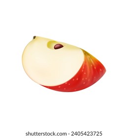 Realistic apple, slice cut in piece or quarter slice, isolated vector food for juice or jam. Fresh red apple fruit cut section or lobule for organic food or farm product package