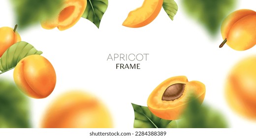 Realistic apricot frame composition with editable text and blurry background with flying fruits and ripe leaves vector illustration