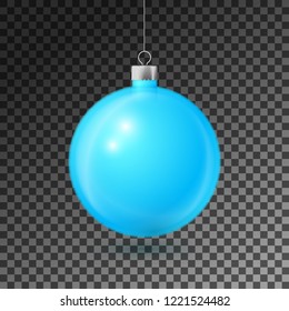 Realistic Aqua Christmas ball with silver ribbon, isolated on transparent background. Merry Christmas greeting card. Vector illustration