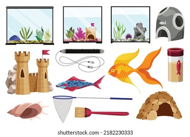 Realistic aquarium with fish and algae. Decoration aquaria kit with undersea castle, cute goldfish or algae. Aquarium bundle. Accessory for aquarium