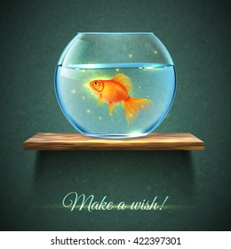 Realistic aquarium with gold fish on a wooden shelf poster and title make a wish vector illustration