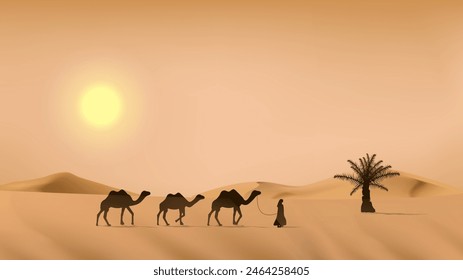 Realistic arabian or sahara desert landscape in bright daylight blue sky scenery with sun, palm tree and camel caravan for islamic eid adha or ramadan banner background, vector illustration.  