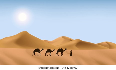 Realistische arabische oder Sahara Wüstenlandschaft in hellblauer Himmelslandschaft mit Sonne, Palme und Kamelkarawane für islamischen Eid Adha oder Ramadan Banner Hintergrund, Vektorillustration.  