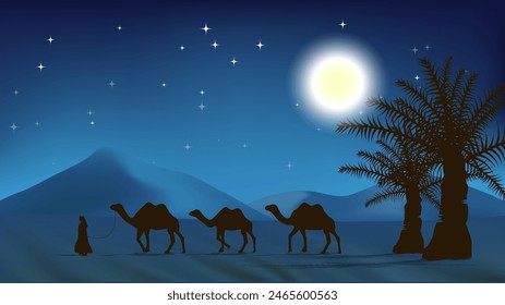 Realistic arabian or sahara desert landscape in night blue sky scenery with moon and star, palm tree and camel caravan for islamic eid adha or ramadan banner background, vector illustration.  