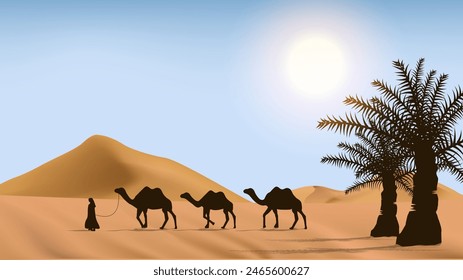 Realistic arabian or sahara desert landscape in bright daylight blue sky scenery with sun, palm tree and camel caravan for islamic eid adha or ramadan banner background, vector illustration.  