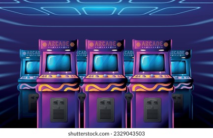 Realistic arcade game composition with indoor cyberpunk style interior and rows of vintage game playing machines vector illustration