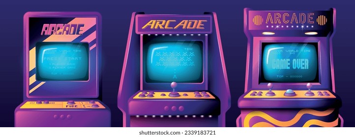 Realistic arcade game machine set with isolated front views of retro gaming machines with various interface vector illustration