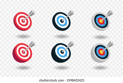 Realistic archery target set isolated on transparent background. Shoting target set with arrow. Set of targets isolated on white background. Reaching the goal concept. Business goal. Vector  EPS 10