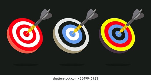 Realistic archery target set. Shoting target set with arrow. Set of targets isolated on white background. Reaching the goal concept. Business goal. Vector illustration. Arrow icon. EPS 10