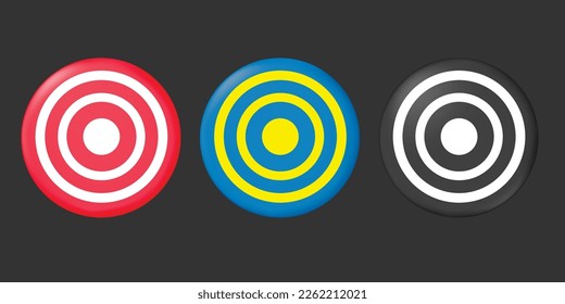 Realistic archery target set. Set of targets isolated on black background. Reaching the goal concept. Business goal. 3d Vector illustration.