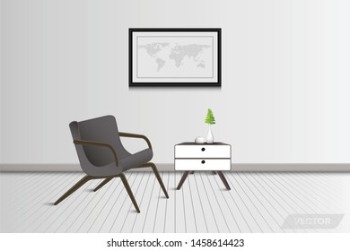 Realistic Architecture of Modern Interior Living Room and Decorative Furniture Design, Luxury Red Couch, Photos Frame, Ceramic Vase, Lamp, Table Deck., Vector 3D Idea Creative Design, Illustration.