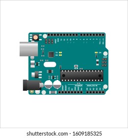 Realistic arduino board detailed illustration of the top view. Stock Vector illustration.