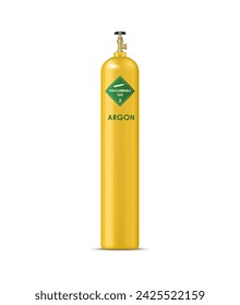 Cilindro de gas de argón realista, globo de metal de gas comprimido. Vector aislado amarillo, robusto, envase a presión con contenido inerte no inflamable, vital para aplicaciones de soldadura e industriales