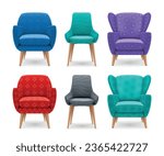 Realistic armchairs and chairs set of isolated front view images of colorful seats with wooden legs vector illustration