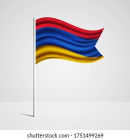 Realistic Armenia country flag waving in wind. Abstract country flag with flagpole isolated on grey background