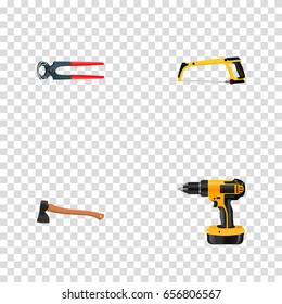 Realistic Arm-Saw, Electric Screwdriver, Hatchet And Other Vector Elements. Set Of Tools Realistic Symbols Also Includes Pliers, Arm, Axe Objects.