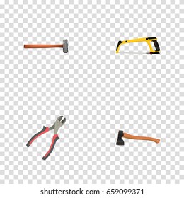 Realistic Arm-Saw, Handle Hit, Forceps Vector Elements. Set Of Instruments Realistic Symbols Also Includes Ax, Sledgehammer, Pliers Objects.
