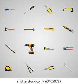 Realistic Arm-Saw, Handle Hit, Tongs Vector Elements. Set Of Tools Realistic Symbols Also Includes Axe, Clippers, Spanner Objects.