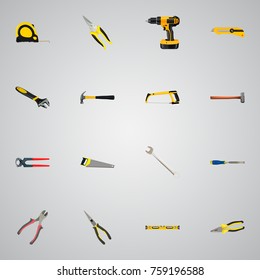 Realistic Arm-Saw, Length Roulette, Chisel And Other Vector Elements. Set Of Instruments Realistic Symbols Also Includes Instrument, Chisel, Stationery Objects.